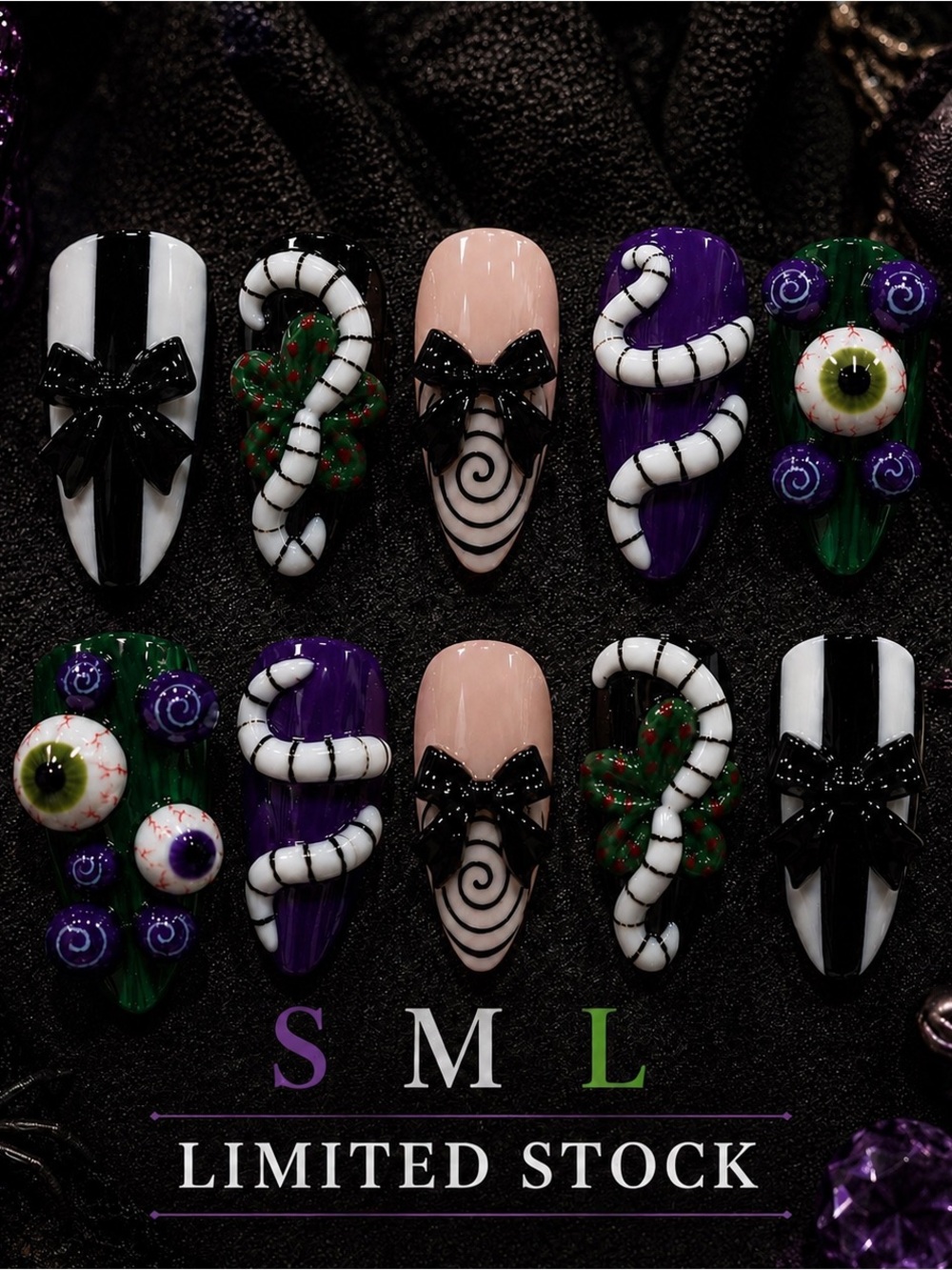 Hand-Painted Halloween Beetlejuice Press-On Nails